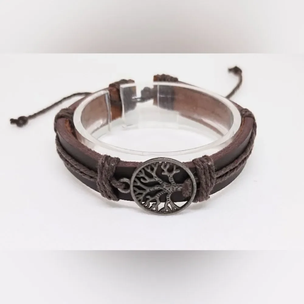 Men's bracelet leather‎ Tree of life brown new e16